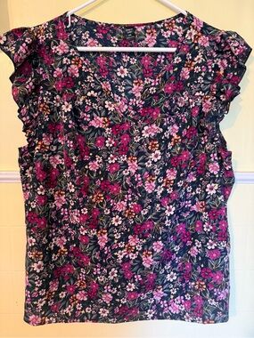 SHEIN Navy Floral V-Neck Flutter Sleeve Blouse